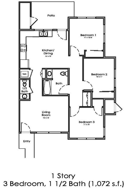 Floor plan for 3 beds, 1.5 baths, 1072 sqft